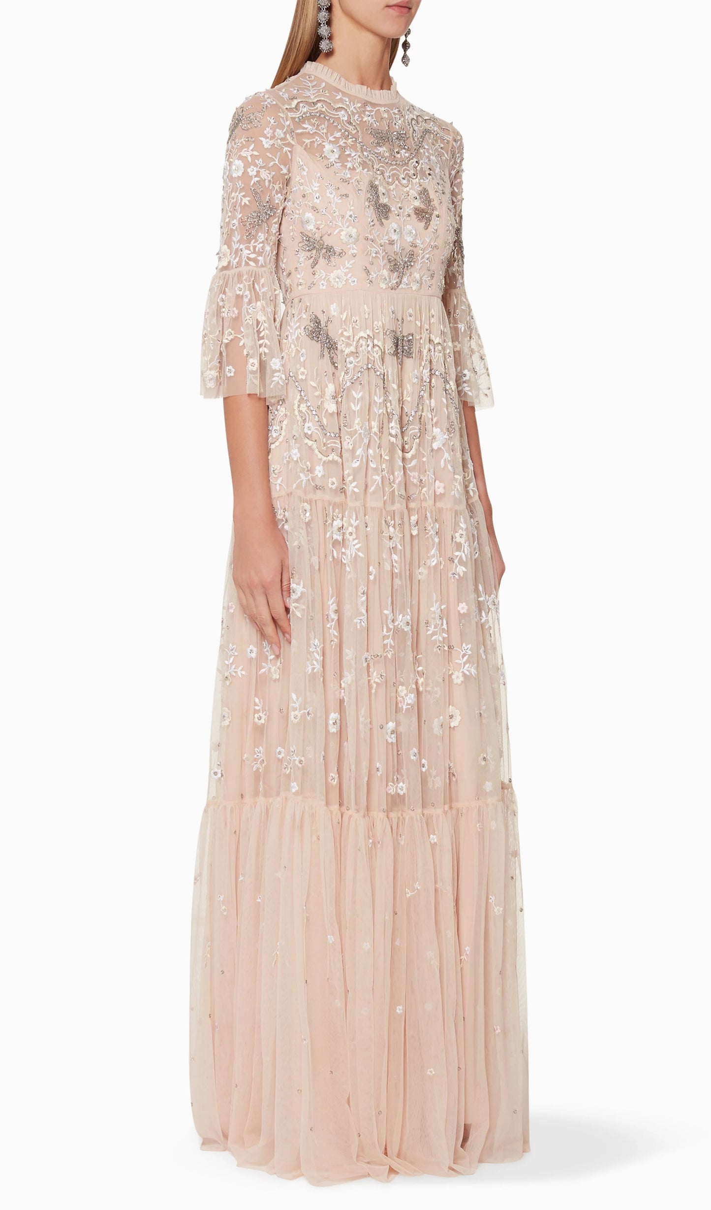 Embroidered Flower Sequins Mesh Maxi Dress