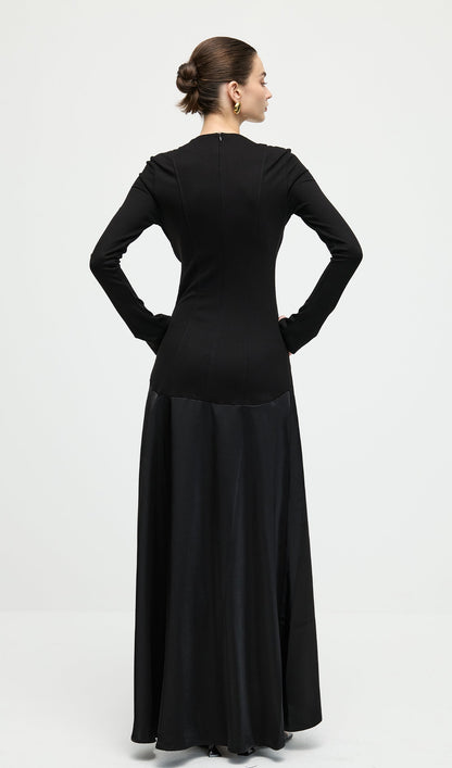 Knitted Satin Maxi Dress In Black