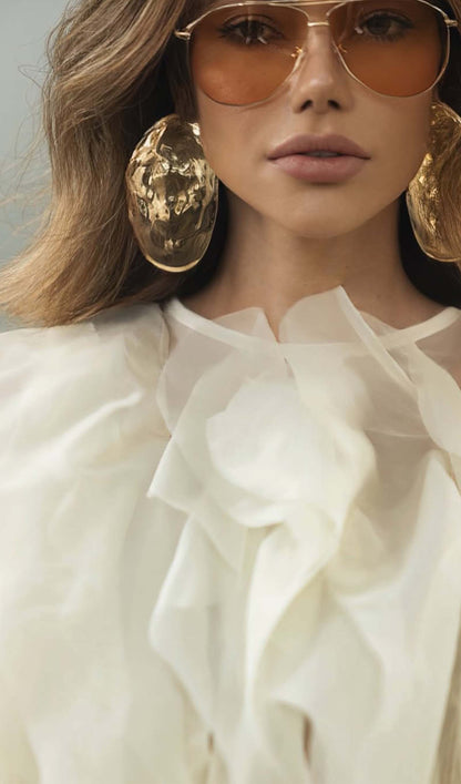 Mesh Ruffle Ruch Shirt Tops
