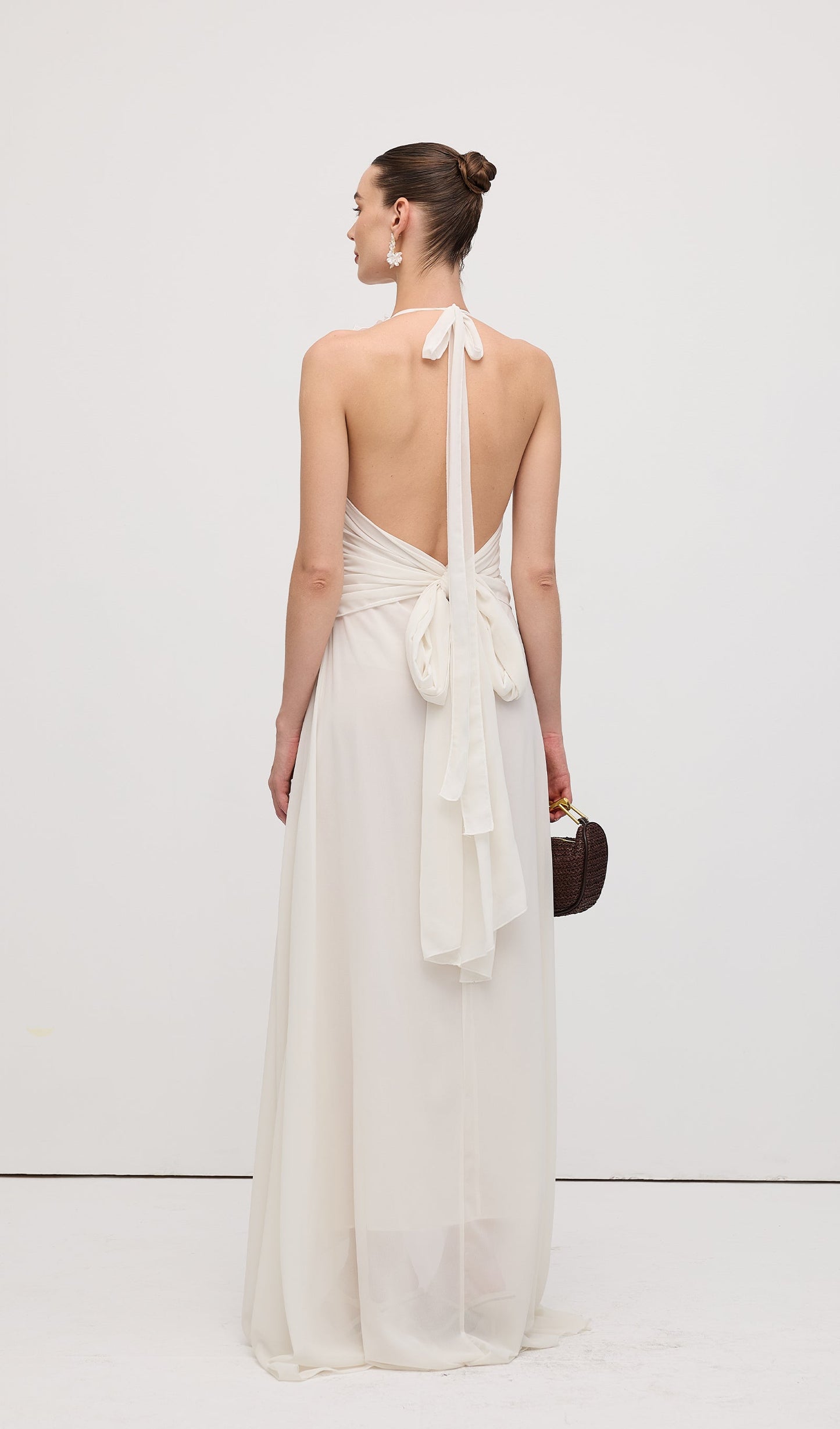 Halter Ruffles Rose Decoration Maxi Dress White