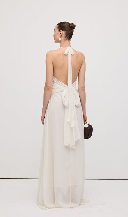 Halter Ruffles Rose Decoration Maxi Dress White