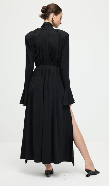 Flower V-Neck Pleated Slit Maxi Dress In Black