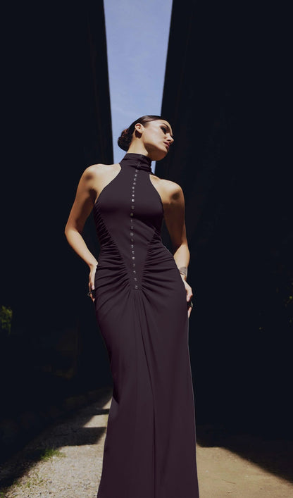 Halter Neck Drape  Maxi Dress In Dark Brown