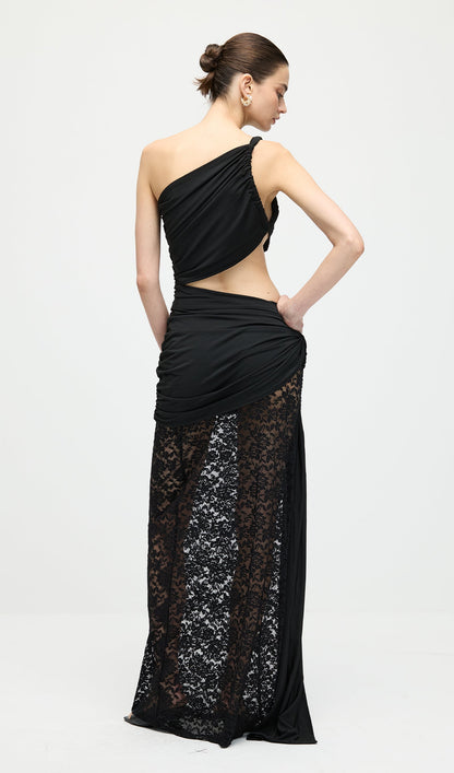 Asymmetric Lace Cut Out Draped Maxi Dress