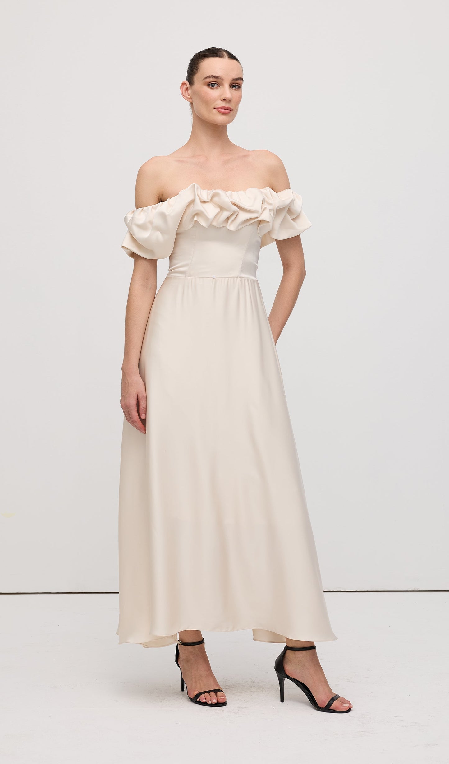 Off Shoulder Ruffle Satin Midi Dress