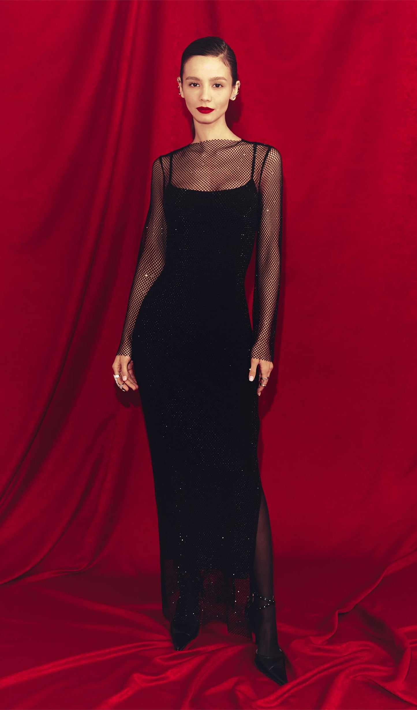 Mesh With Monochrome Lining  Maxi Dress In Black
