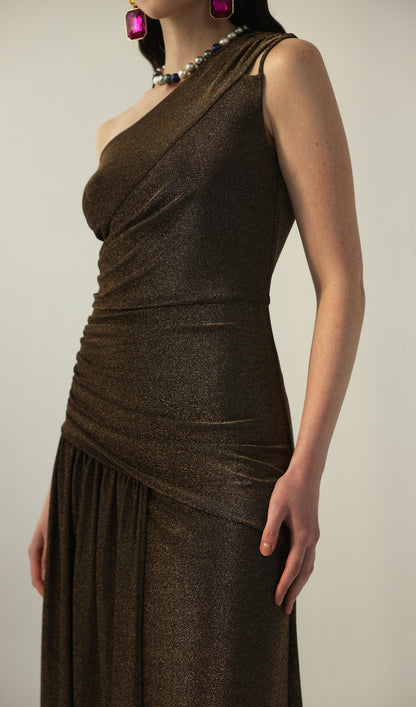 One-Shoulder Glitter Split Maxi Dress