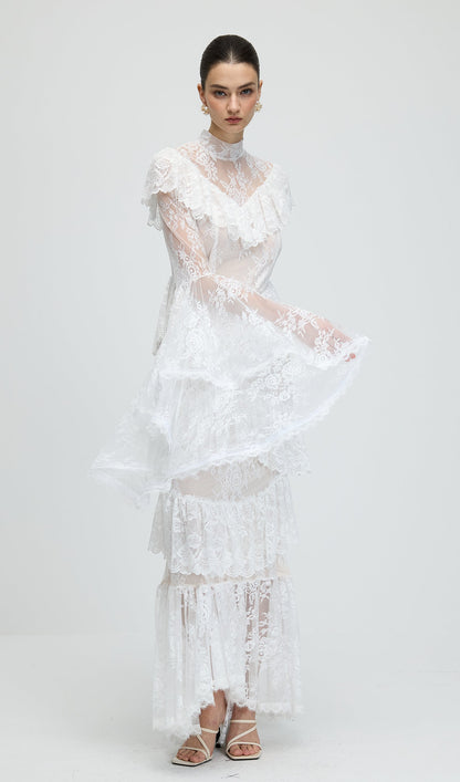 Floral Lace Ruffled Maxi Dress In White