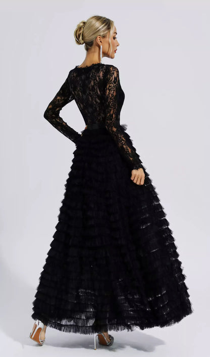 Long Sleeve Lace Mesh Midi Layered Dress