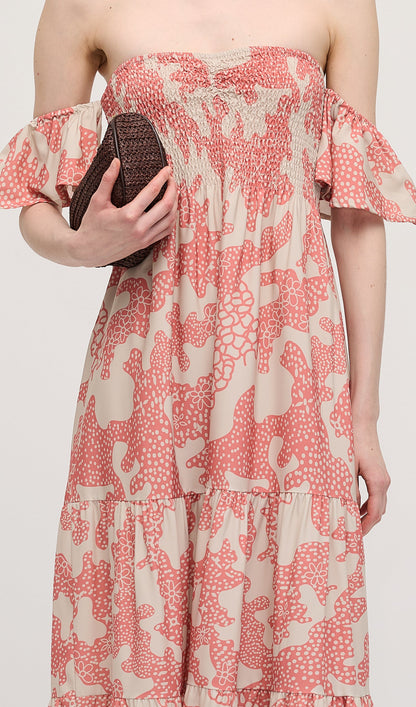 Off Shoulder Smocked Ruffle Printed Midi Dress