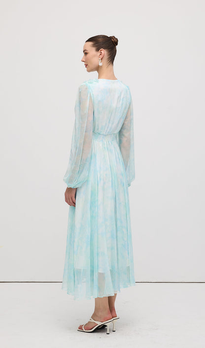 V Neck Ruched Waist Pleated Midi Dress