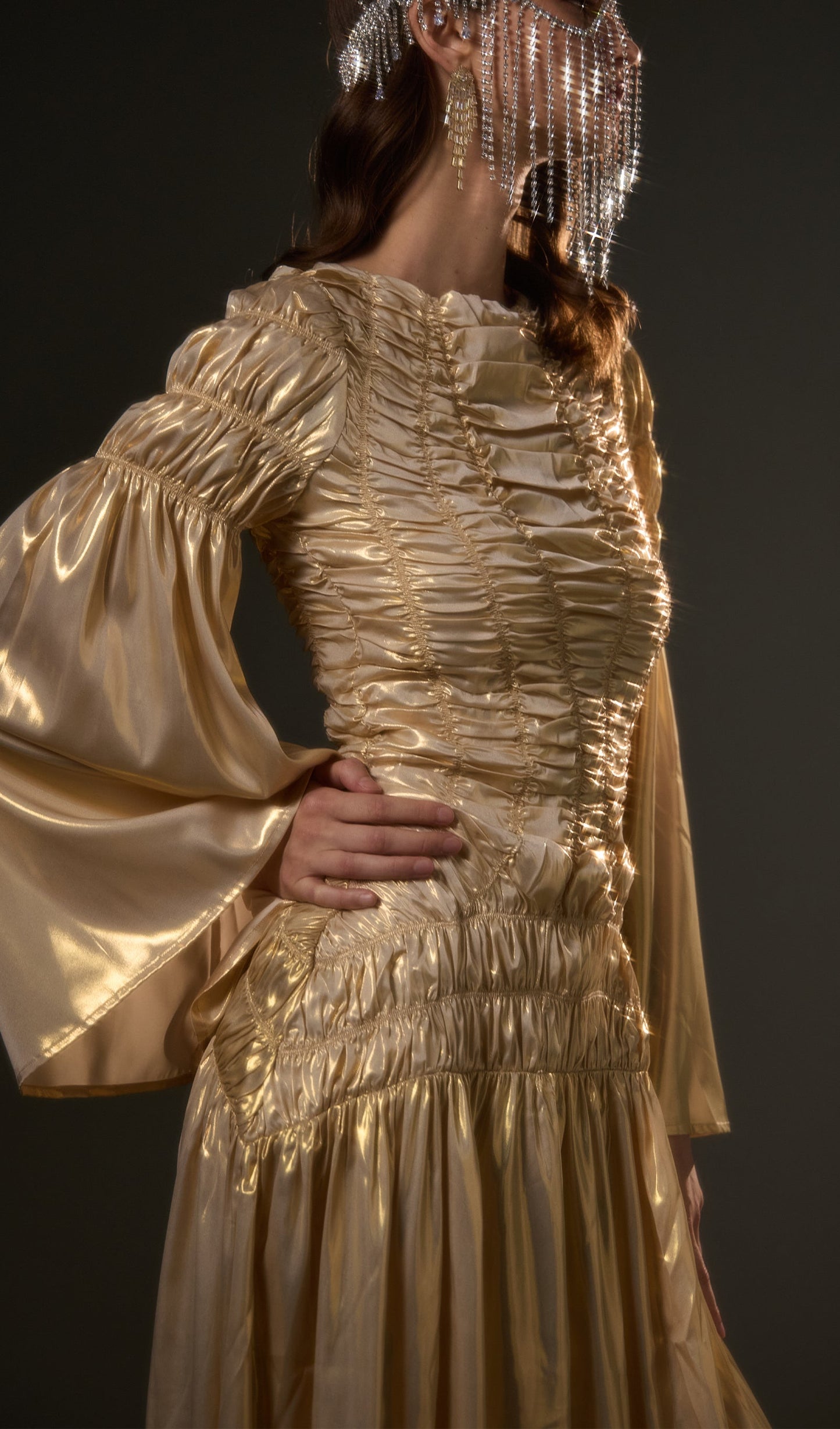 Solid Metallic Elasticated Gathers Maxi Dress