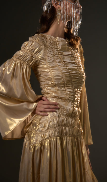 Solid Metallic Elasticated Gathers Maxi Dress