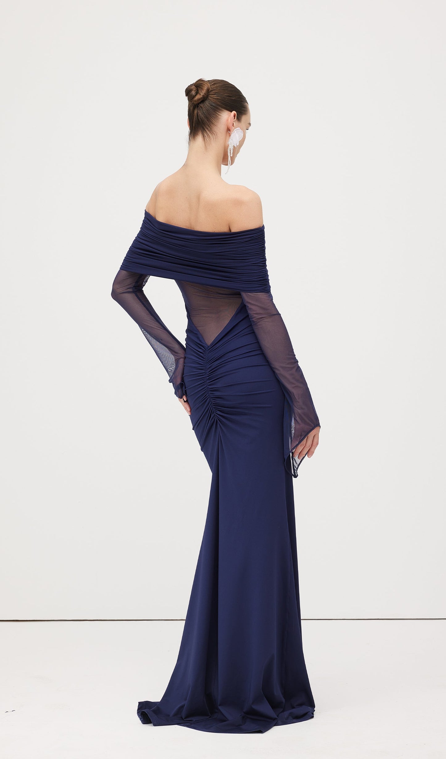 One Shoulder Slinky Ruched Maxi Dress-Blue
