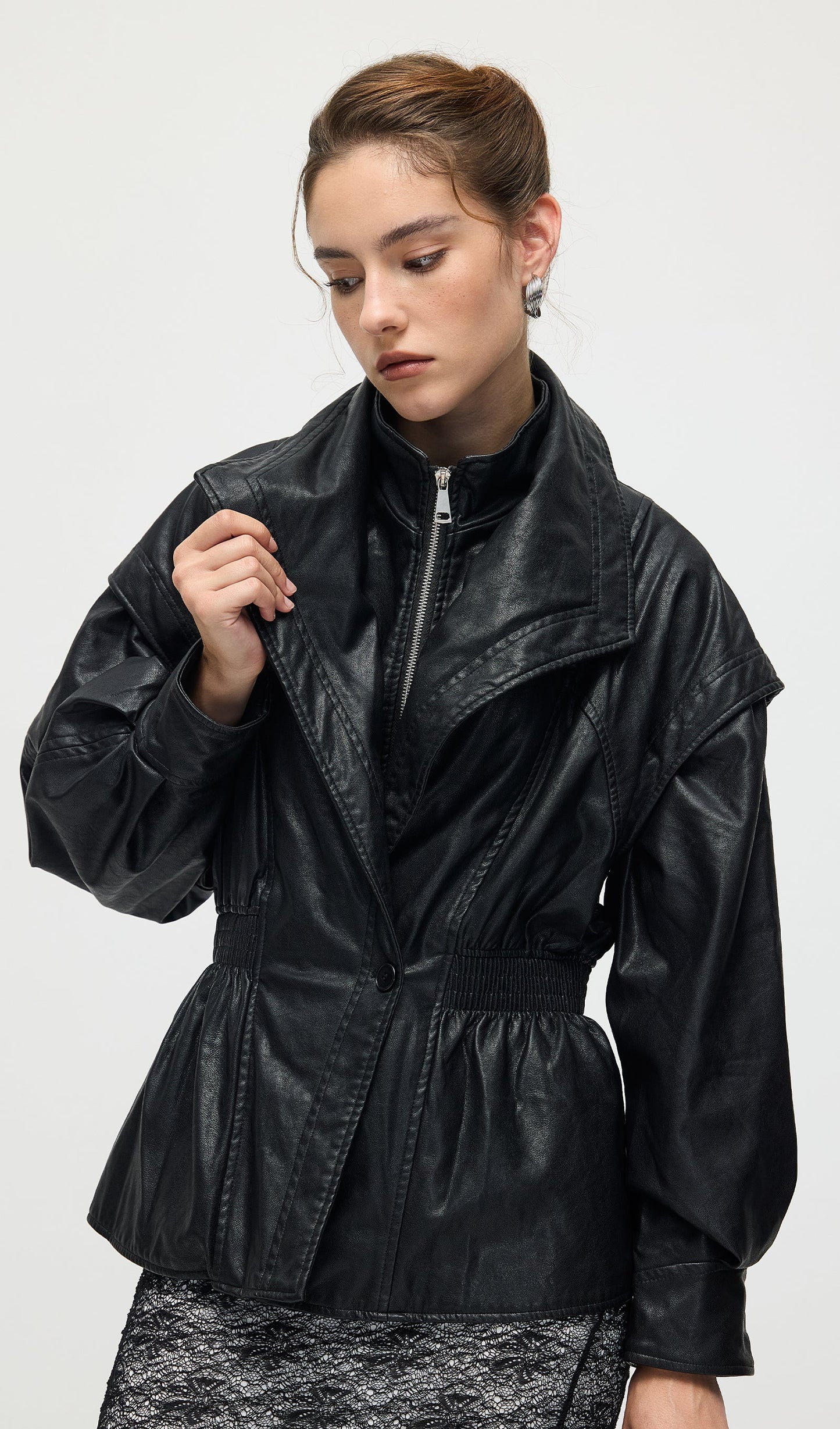Waisted Lapel Leather Jacket In Black