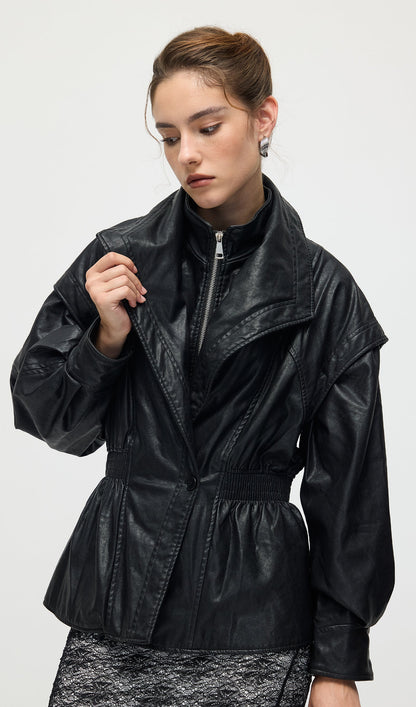 Waisted Lapel Leather Jacket In Black