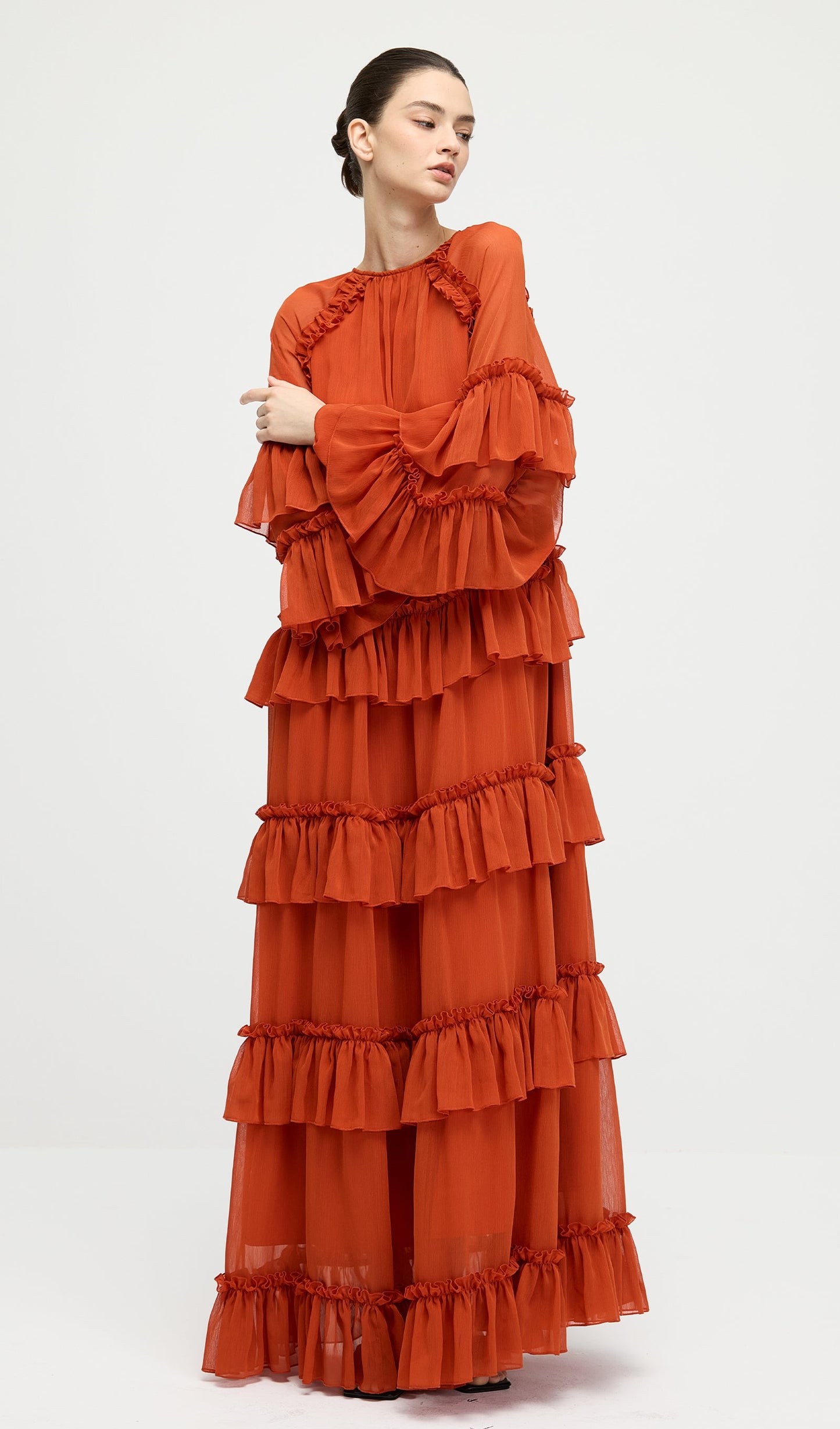 Ruffle Tiered Puff Sleeve Maxi Dress In Orange