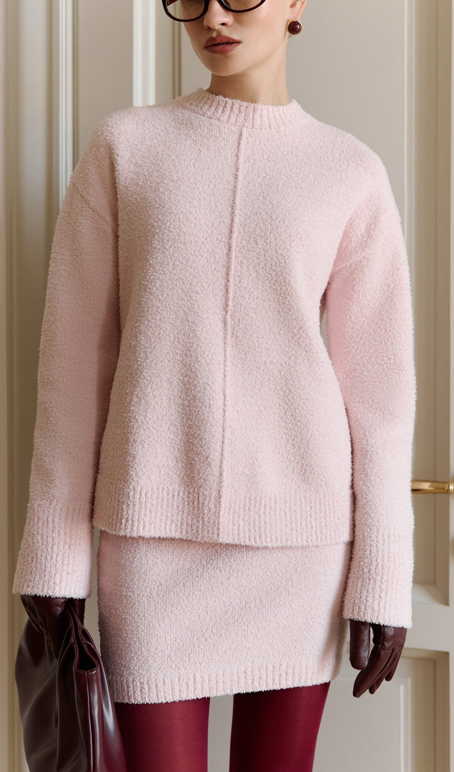 Textured Knitted Jumper & Mini Skirt Set Pink
