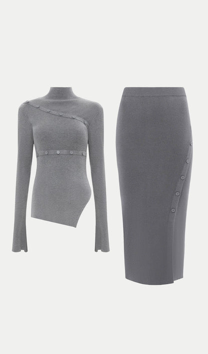 Asymmetrical Top & Maxi Skirt With Side Slit Set Grey