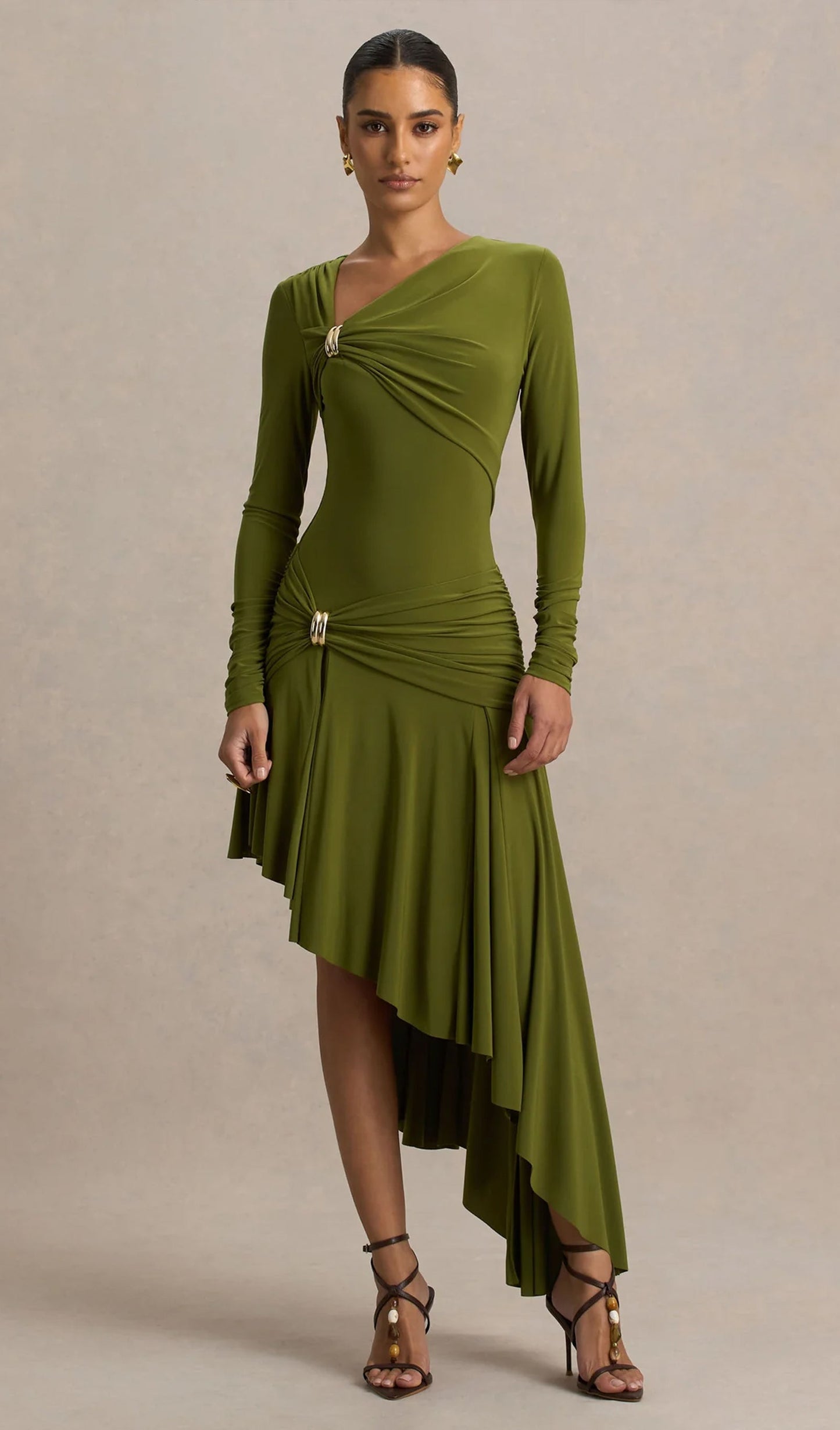 Asymmetric-Neck Midi Dress With Embellishment In Green