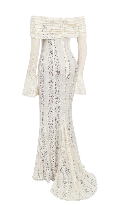 Vintage Floral Lace Off Shoulder Maxi Dress