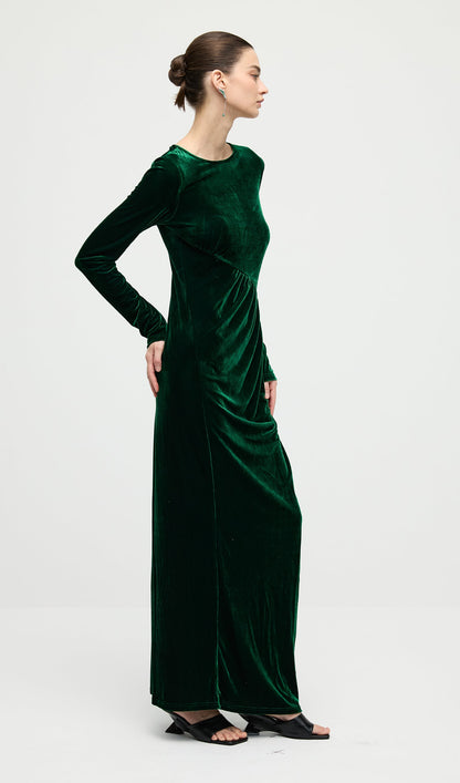 Long Sleeved Gathers  Maxi Dress In Dark Green