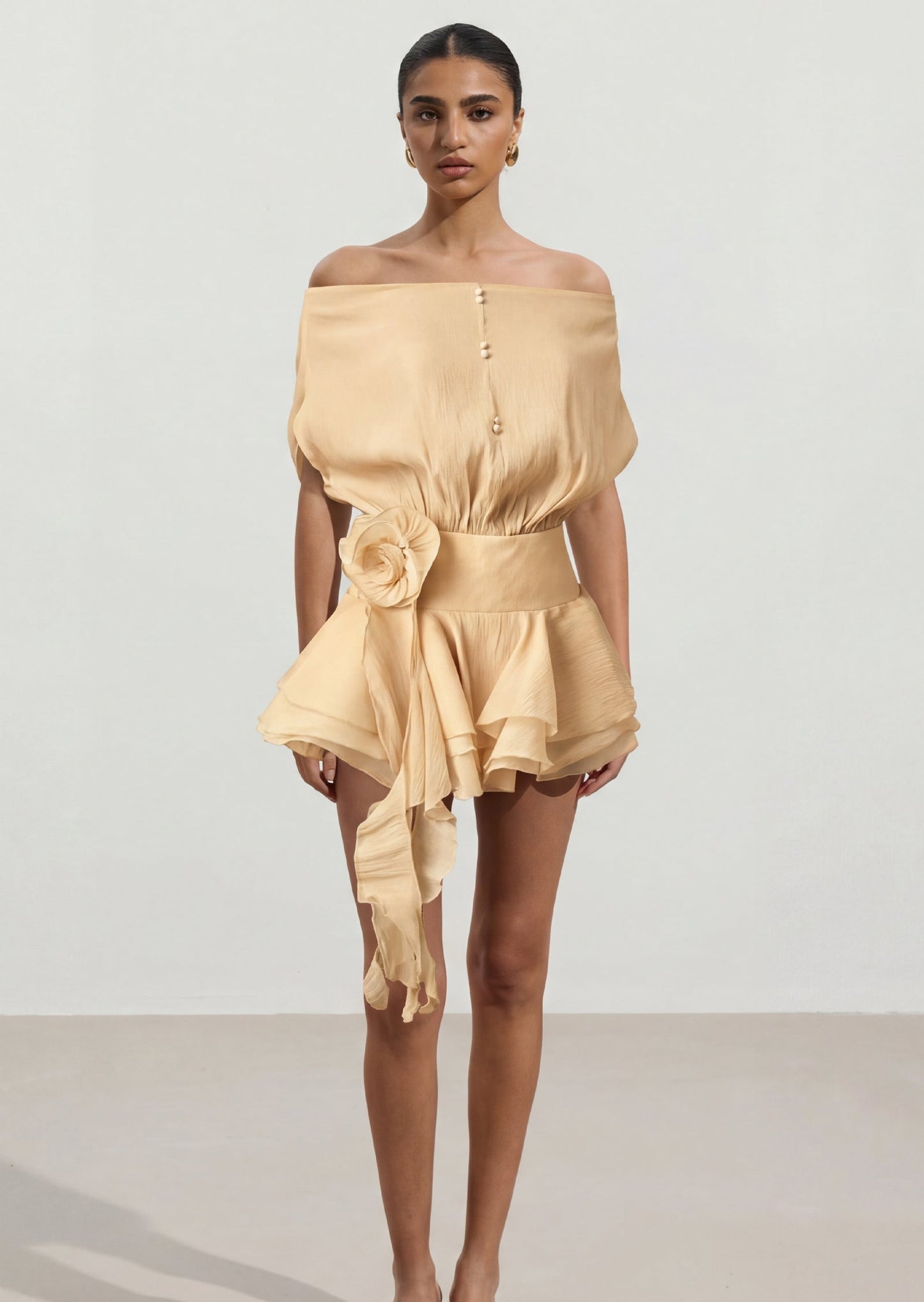 Floral-Appliqué Flounced Mini Dress