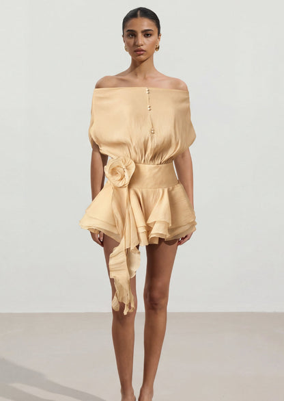 Floral-Appliqué Flounced Mini Dress