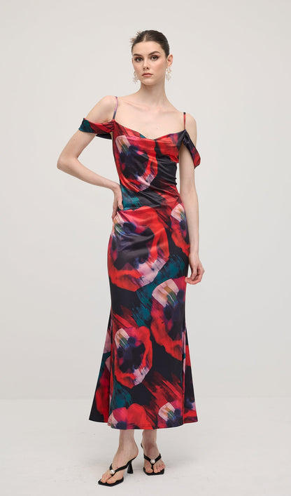 Abstract Floral Print Slip Maxi Dress