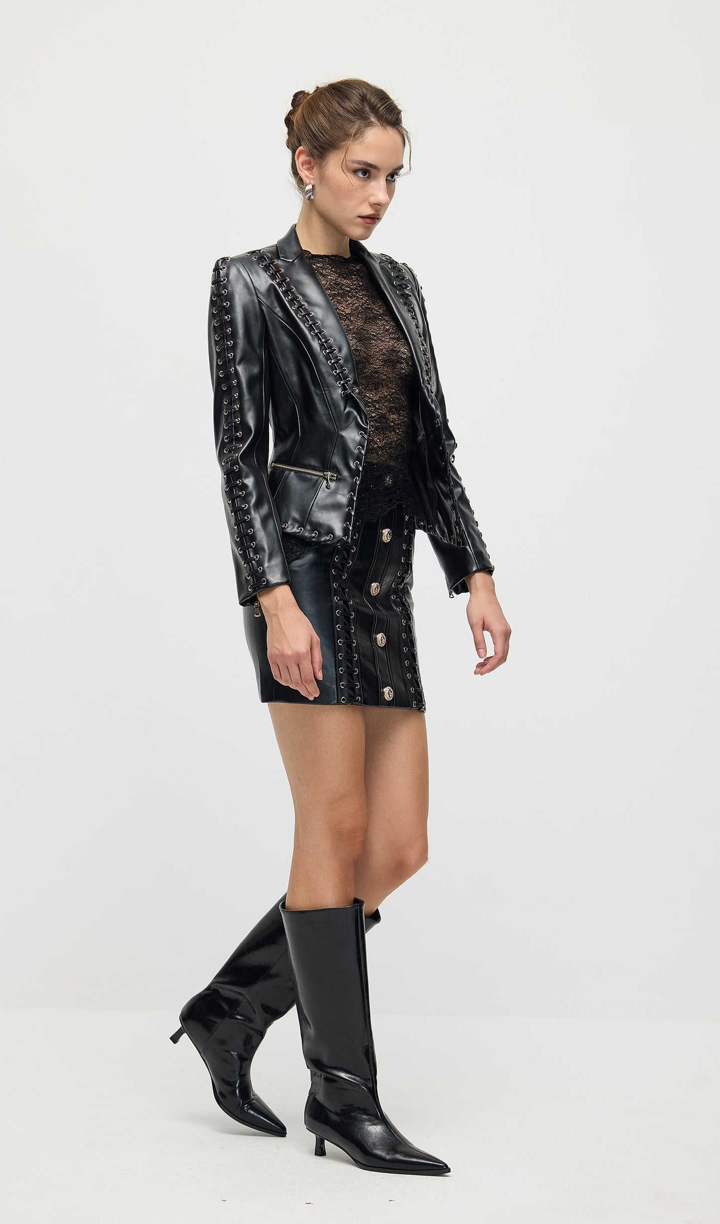 Rope Lacing Leather Jacket & Mini Skirt