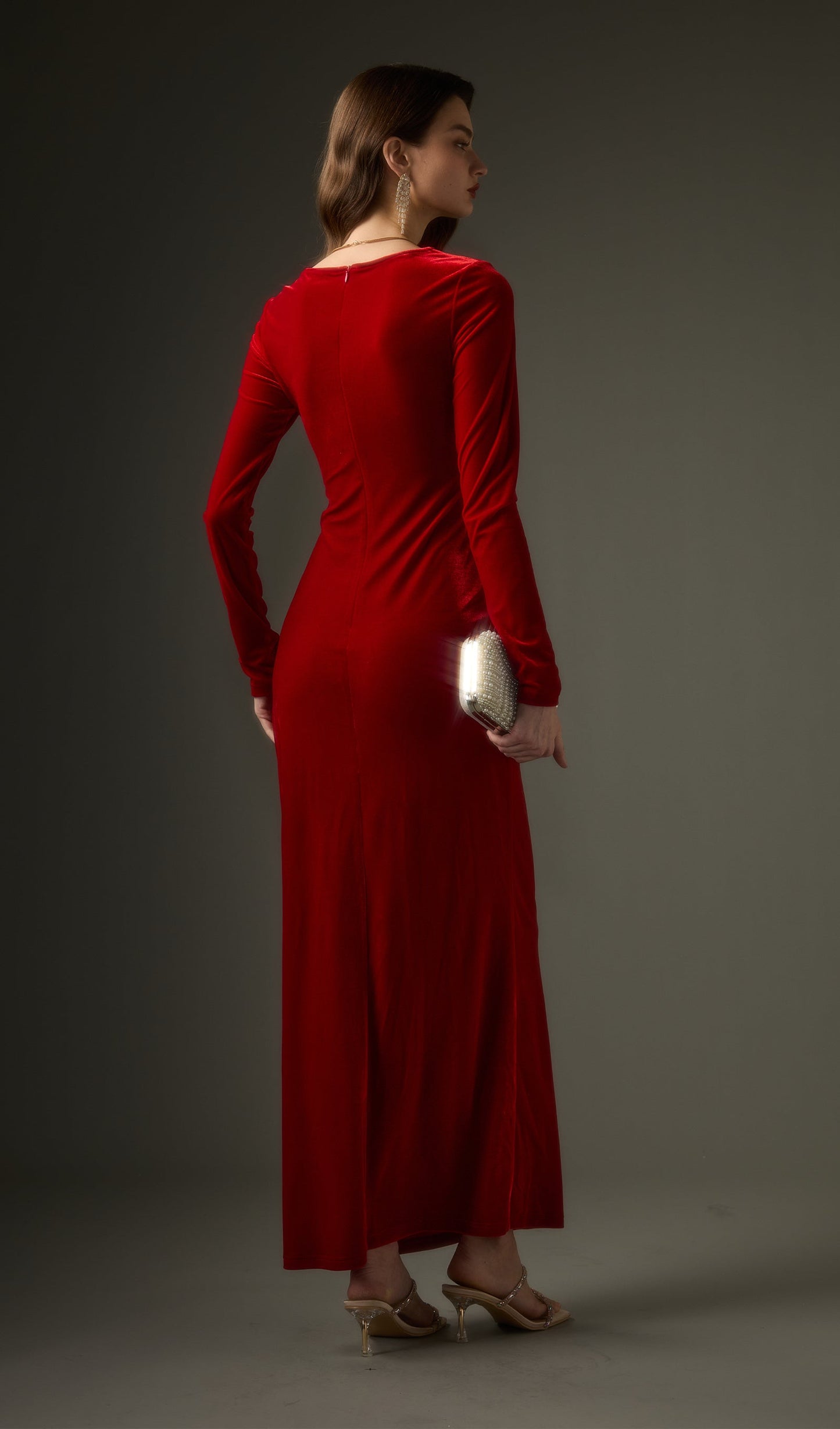 Long Sleeved Gathers  Maxi Dress In Red