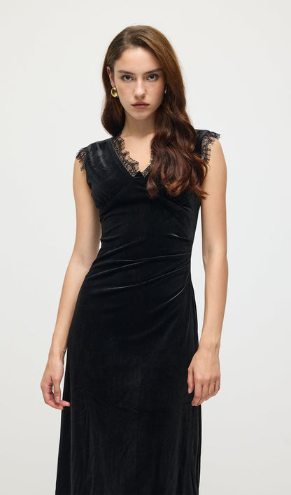Lace Trimmed Velvet Midi Dress