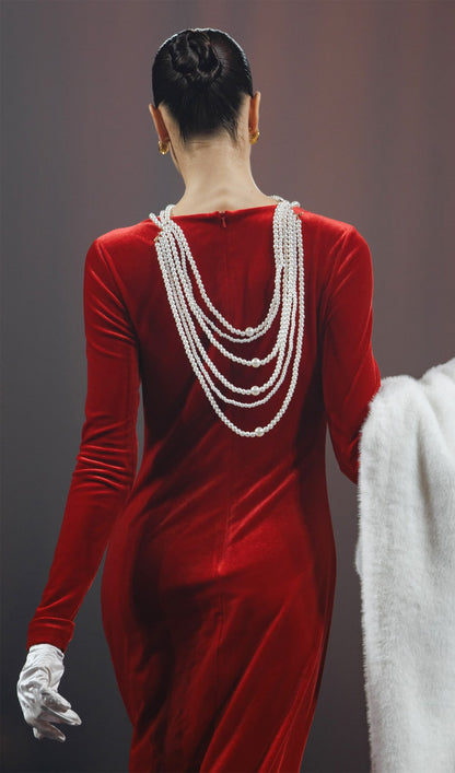 Long Sleeved Gathers  Maxi Dress Red