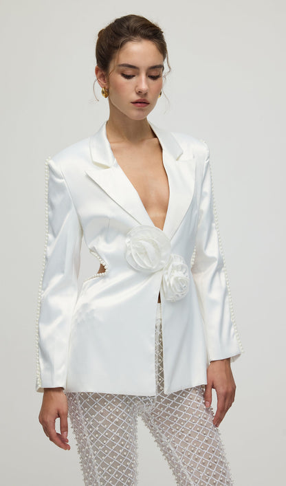 Faux-Pearl Floral Blazer & Trousers Set