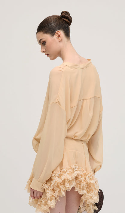 Long Sleeves Layered Folds Mini Dress