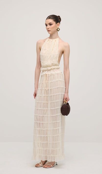 Halter Top & Ruched Detail Maxi Skirt Sets In White
