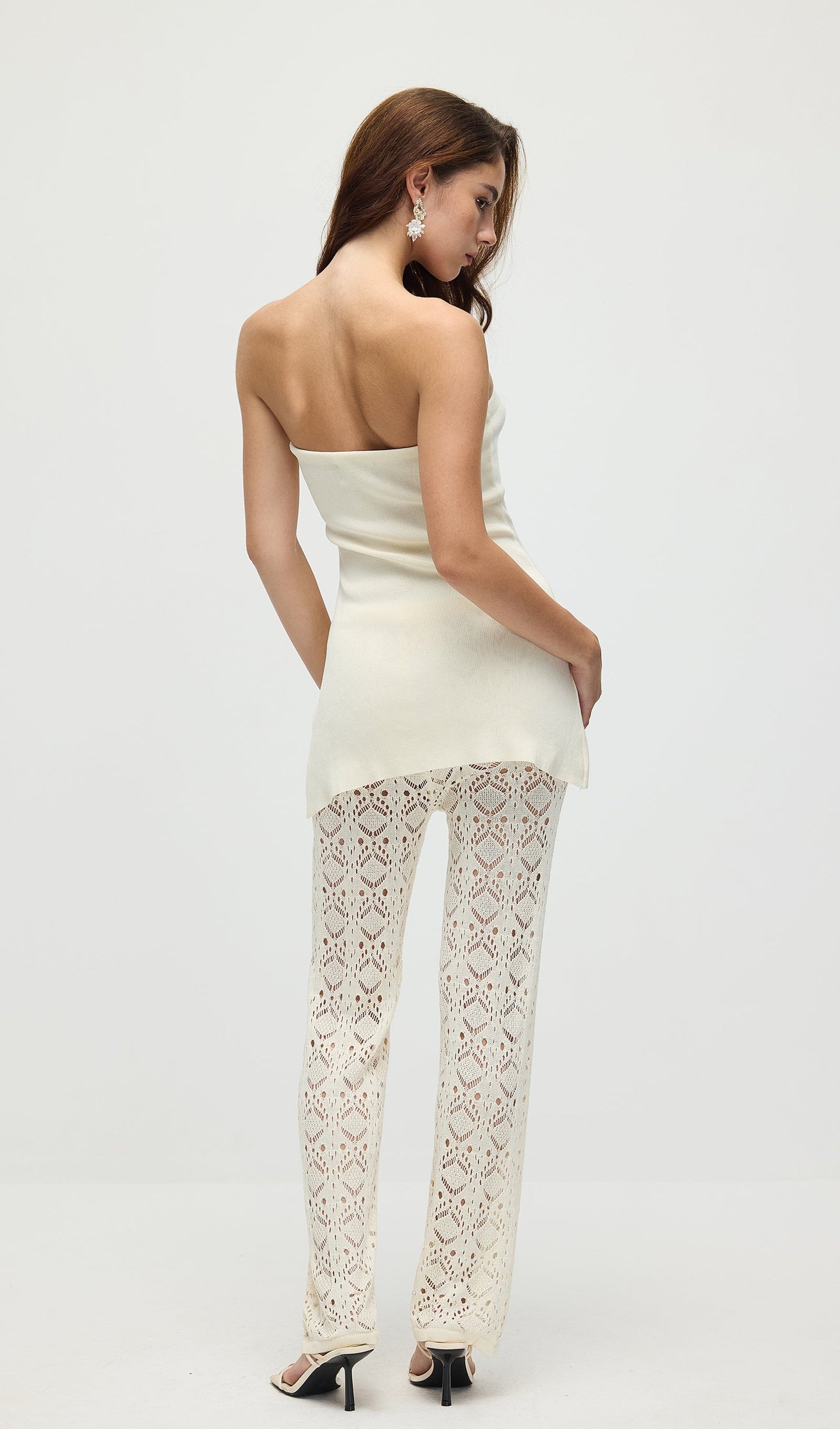 Bandage Knit Top & Crochet Knit Pants In Ivory