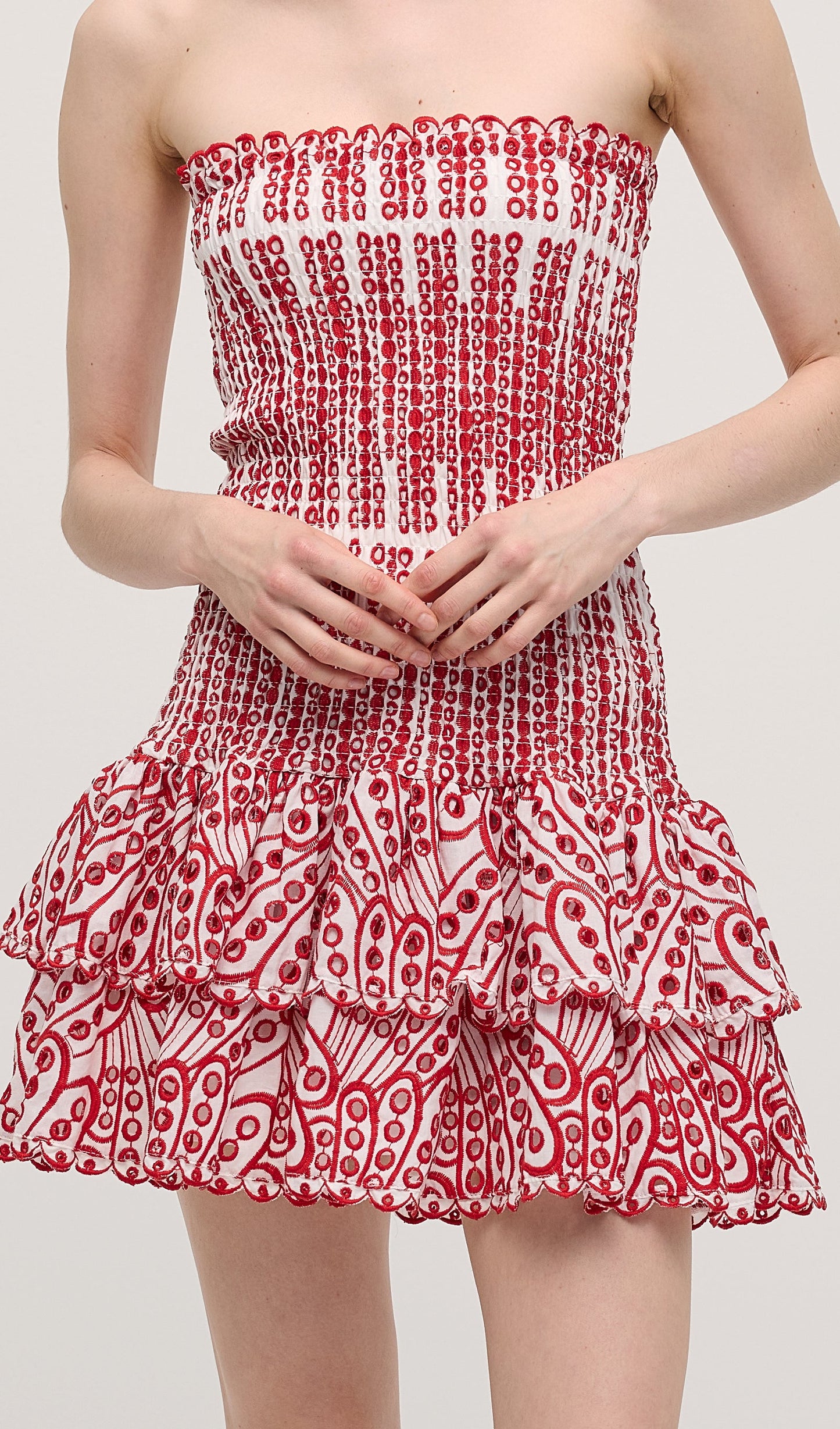 Embroidered Eyelet Cotton Mini Dress In Red