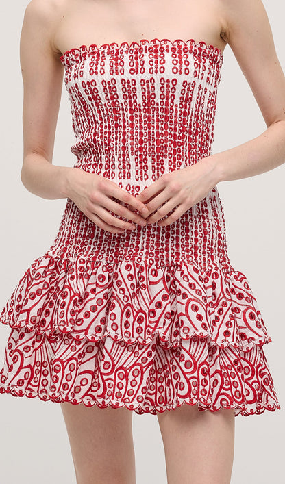 Embroidered Eyelet Cotton Mini Dress In Red