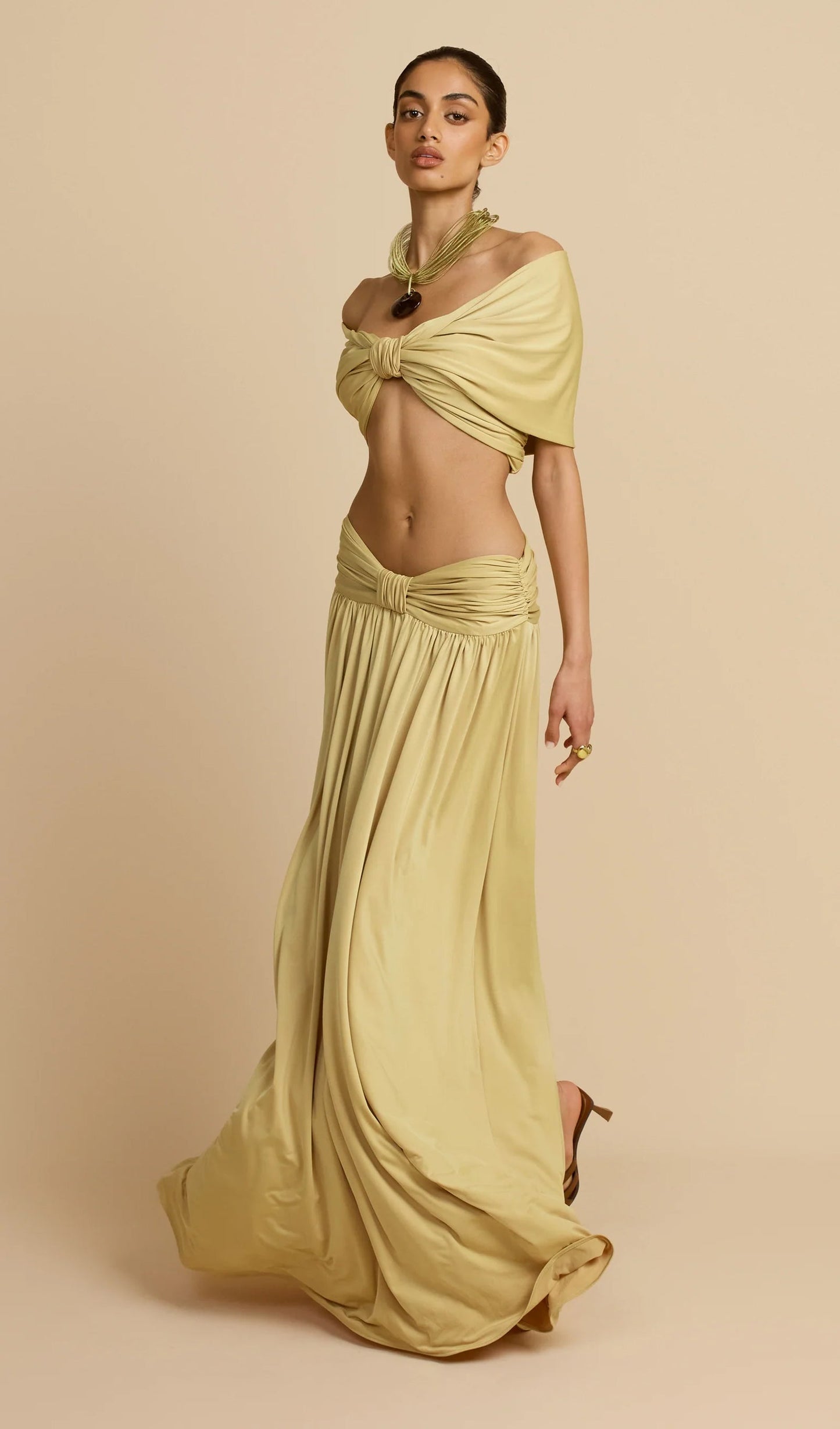 Ruched Top & Maxi Skirt Two Piece Set In Lemon
