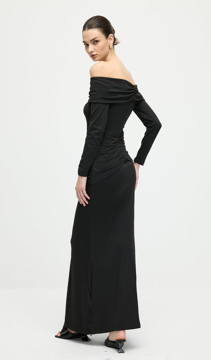 Off Shoulder Ruffle Maxi Dress In Black
