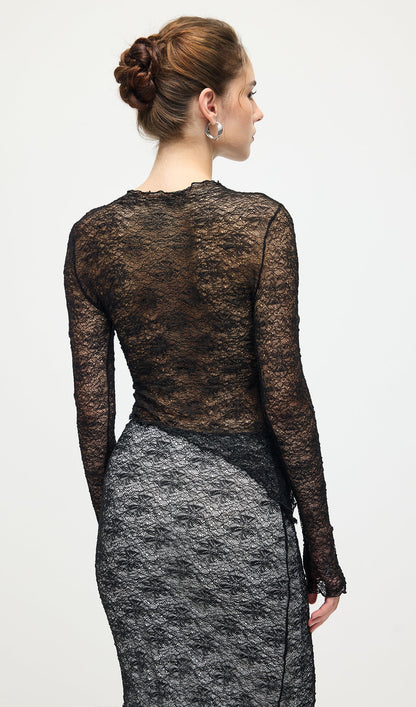 Sheer Lace Top & Maxi Skirt Sets In Black