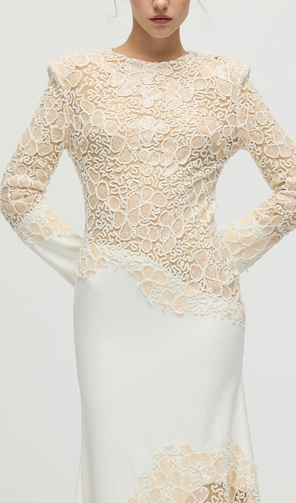 Textured Floral Embroidered Sequined Maxi Dress In Ivory