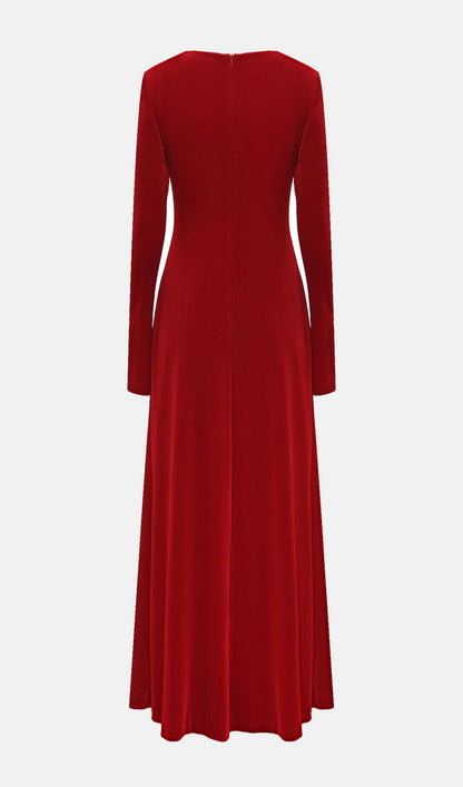 Long Sleeved Gathers  Maxi Dress Red