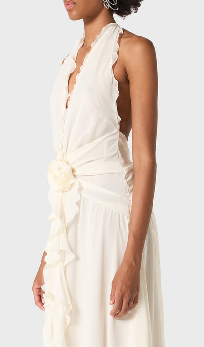 Halter Ruffles Rose Decoration Maxi Dress
