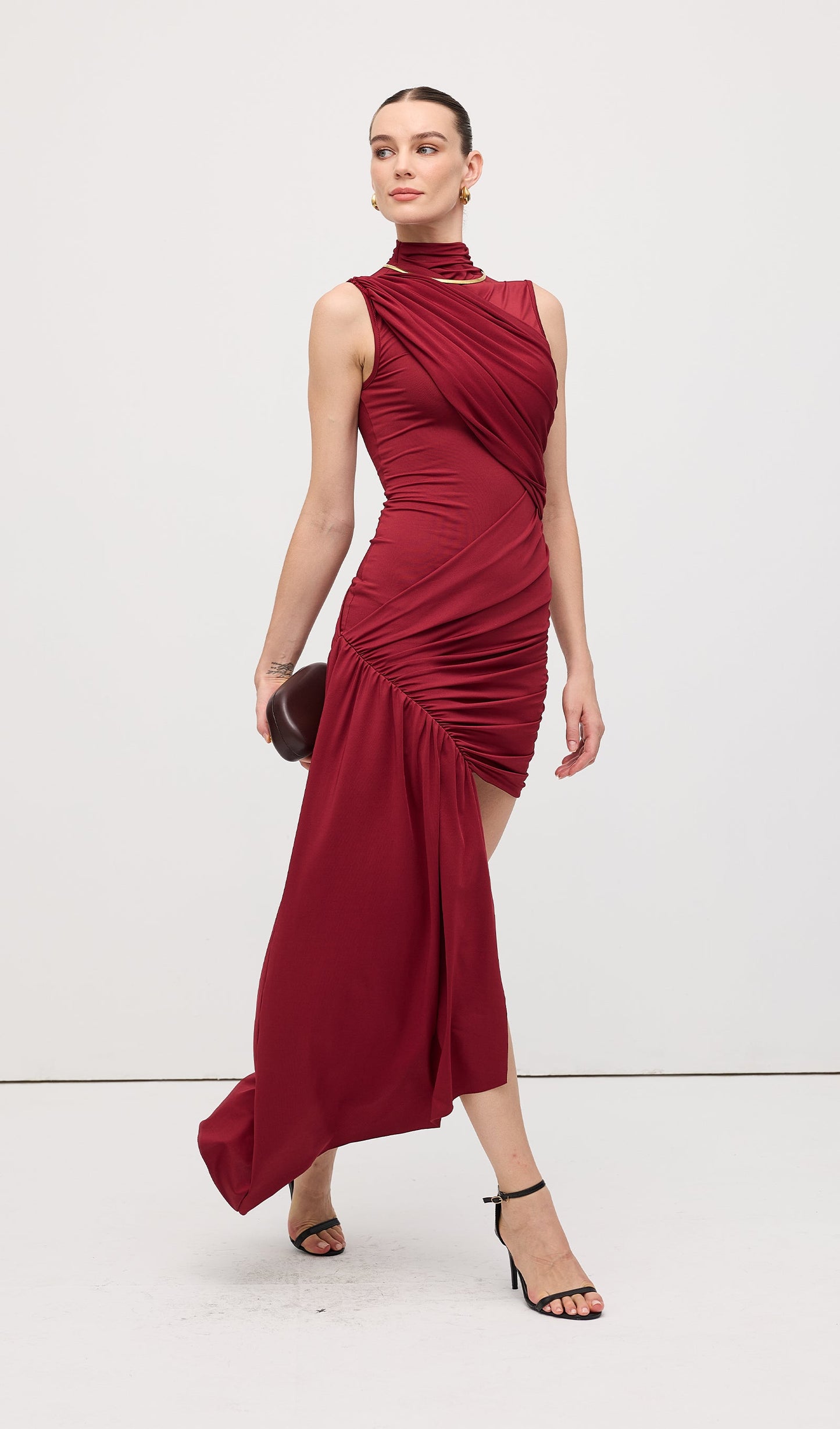 Asymmetrical Draping Mini Dress Claret