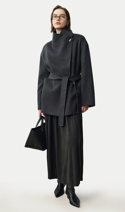 Asymmetrical Woo Cashmere Belted Coat In Grey