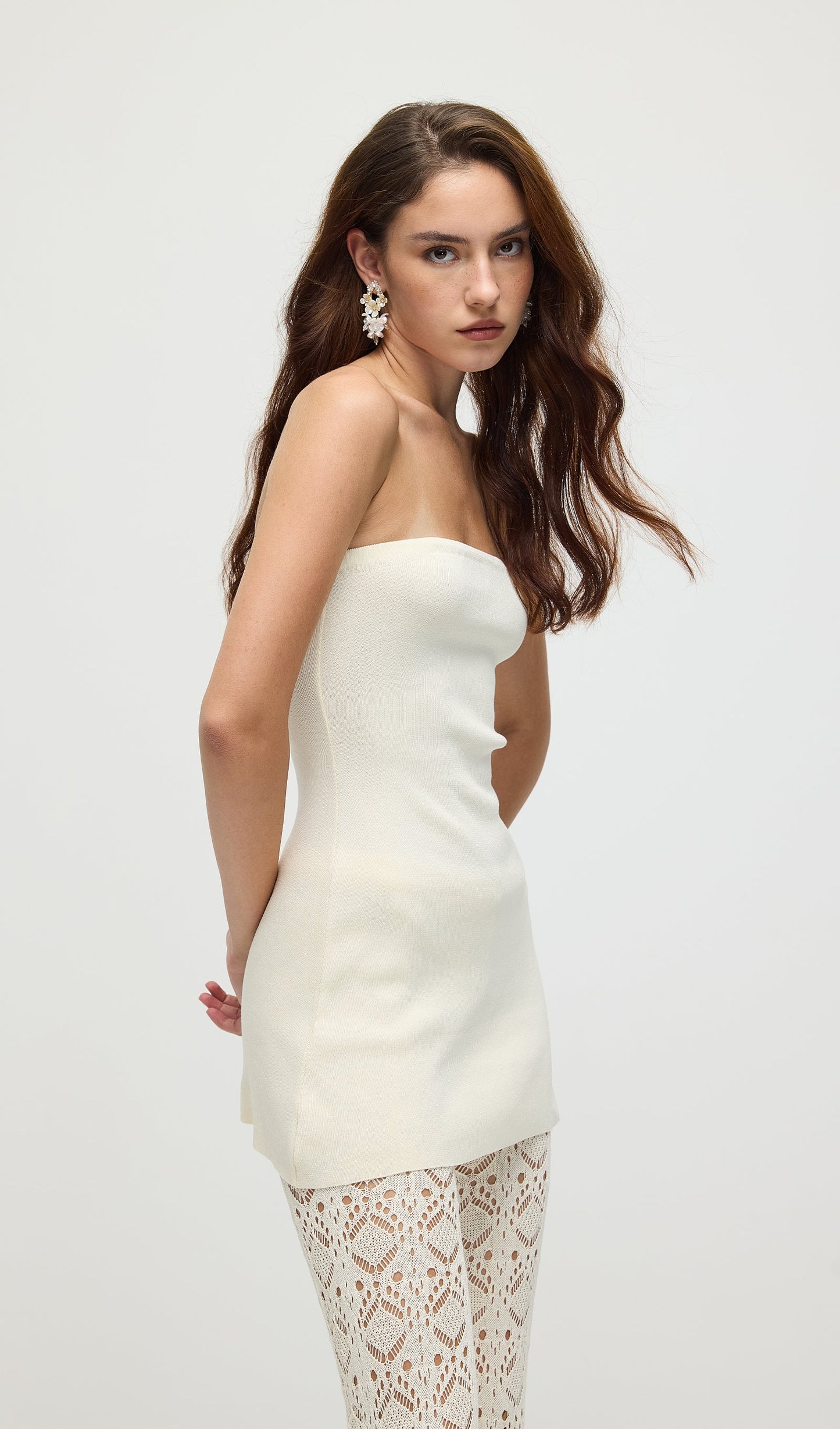 Bandage Knit Top & Crochet Knit Pants In Ivory