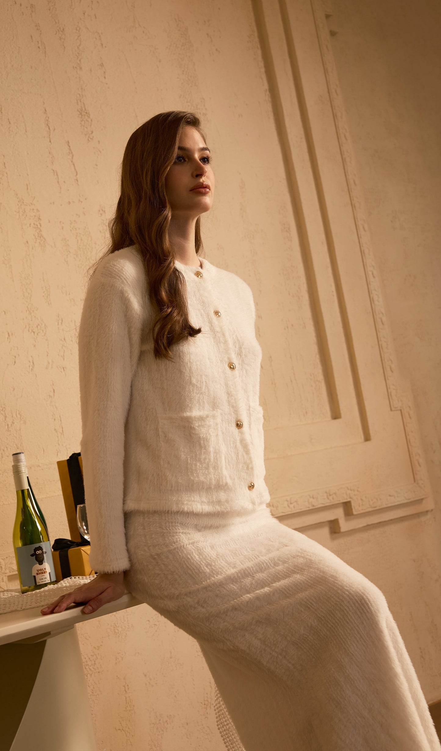 Fluffy Knitted Cardigan & Maxi Skirt Set White