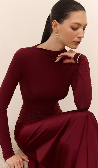 Combination Maxi Dress With Satin In Red